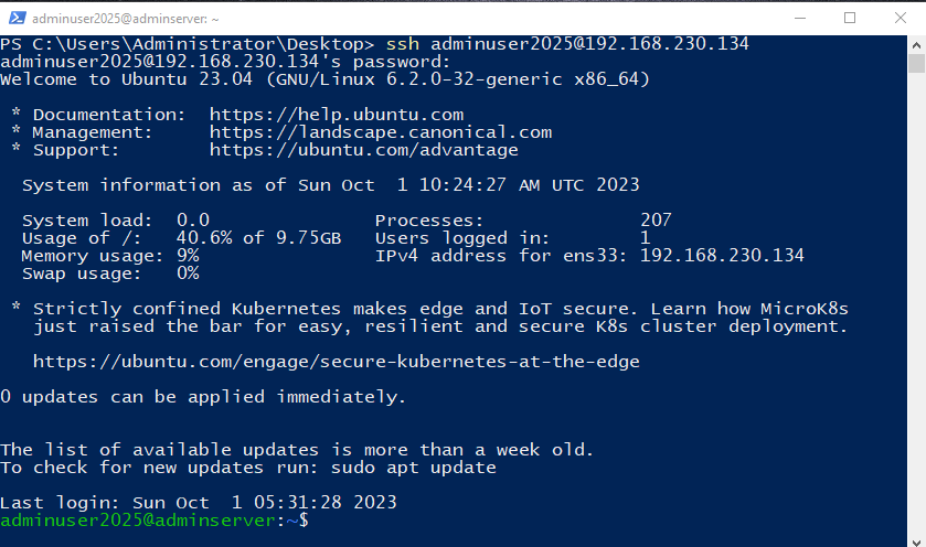 Log in to Ubuntu Server 2023